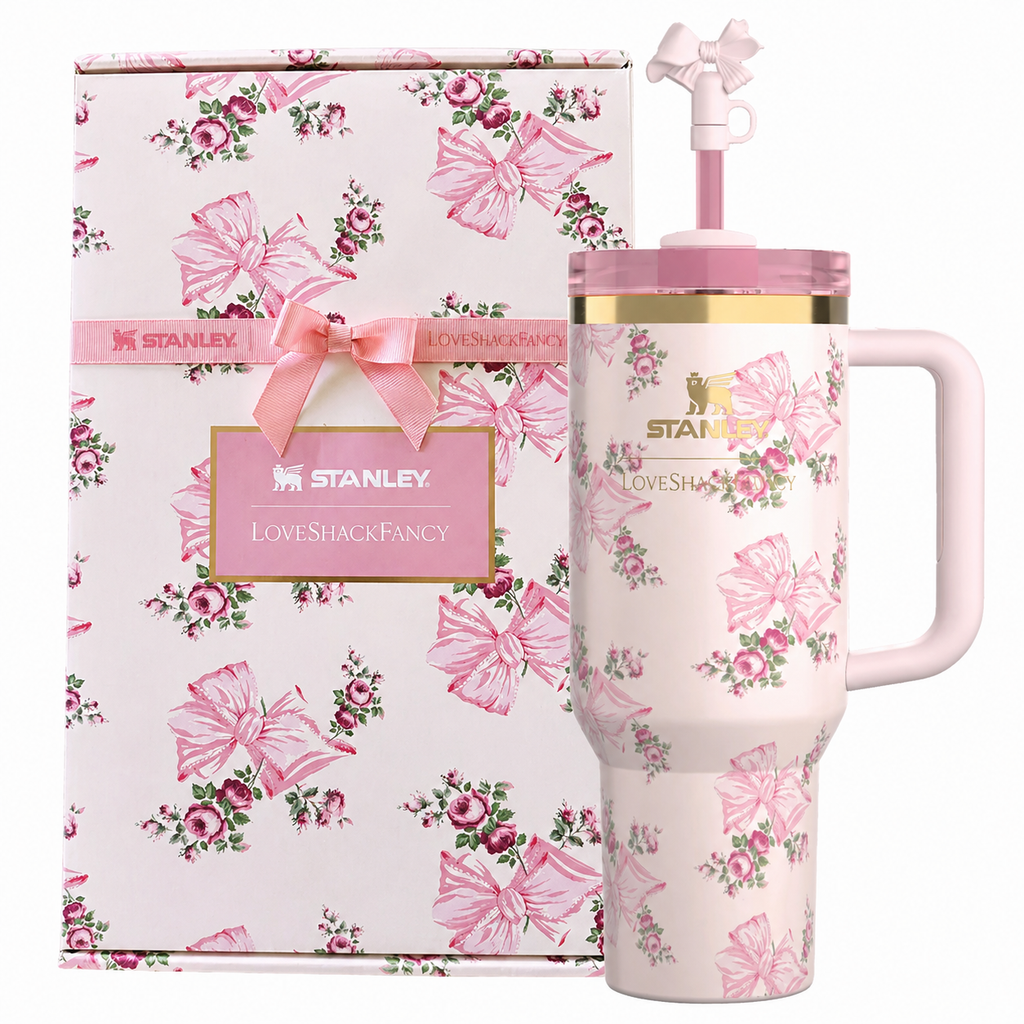 Stanley x LoveShackFancy Rosa Beaux Pink 40oz Quencher Tumbler Gift Set - back view