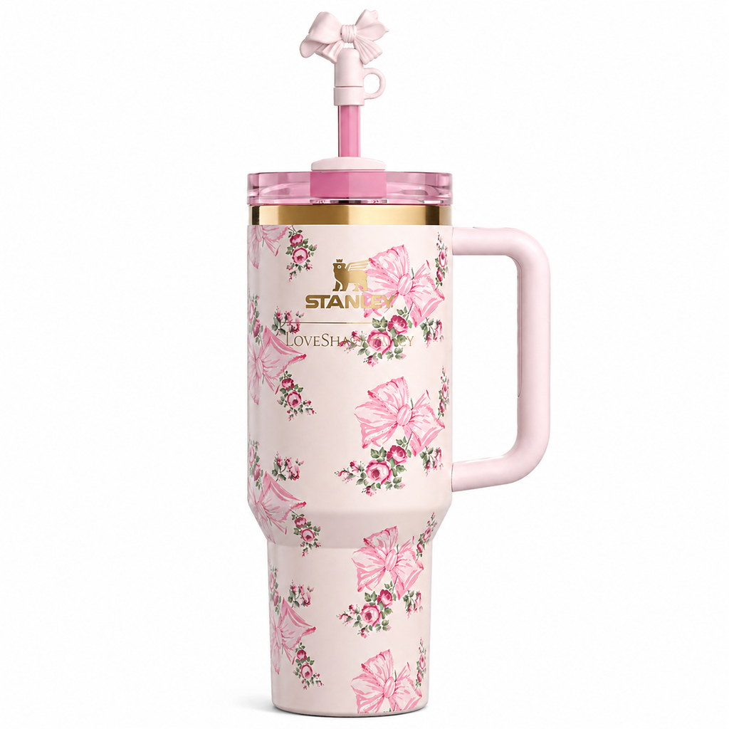 Stanley x LoveShackFancy Rosa Beaux Pink 40oz Quencher Tumbler Gift Set - front view